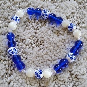 Handmade Gemstone Bracelet Blue with Flowers